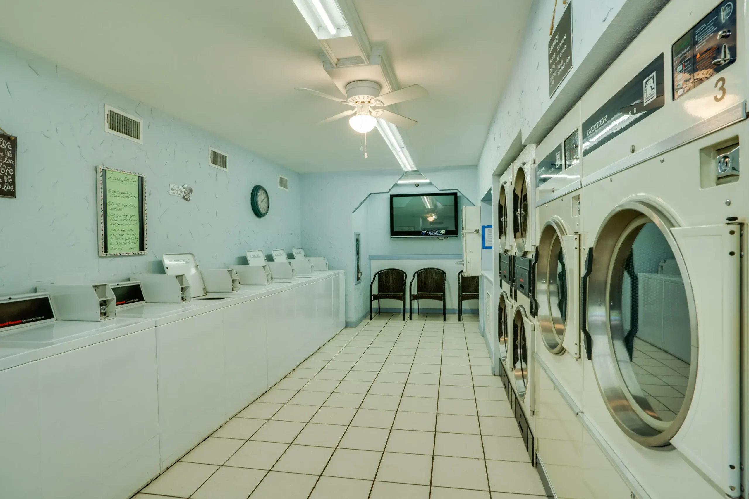 Laundry at Wichita Falls RV Park Clean laundry facility at Wichita Falls RV Park featuring modern washers, dryers, comfortable seating, and convenient amenities for extended RV stays.